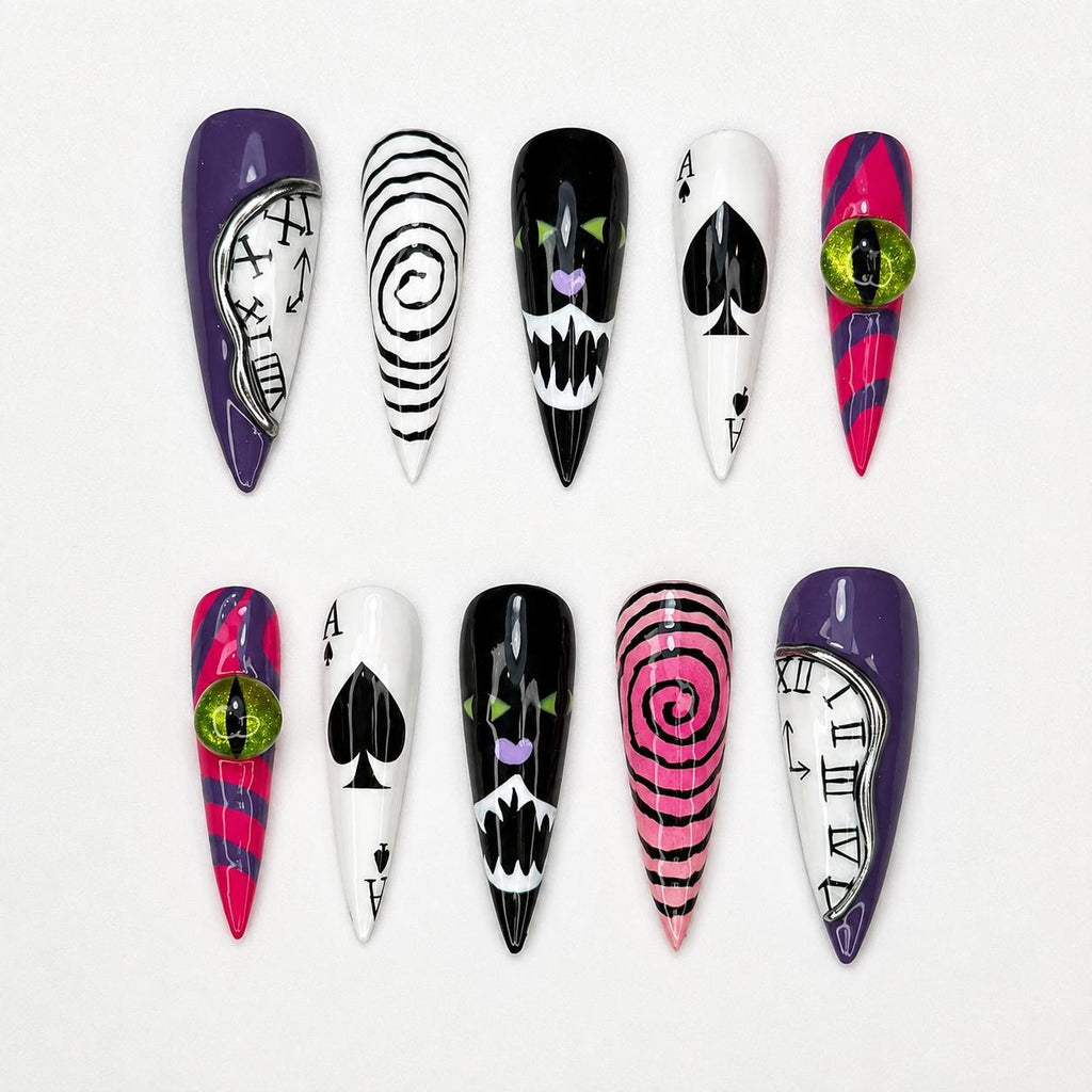 Cheshire Cat Wonderland Press On Nails |  Alice in Wonderland Nail Art | Playing Card & Spiral Illusion Nails | Halloween Nails | JB109HK