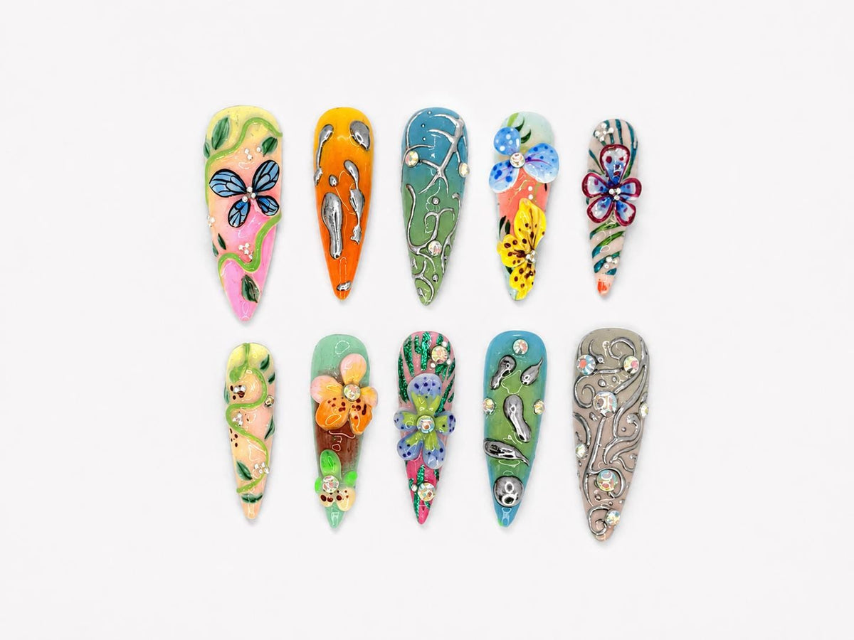 Summer Garden Press-On Nails | Artistic Floral And Butterfly Nail Art | Bold Artistic Fake Nails | Perfect for Special Occasions | JB507YV