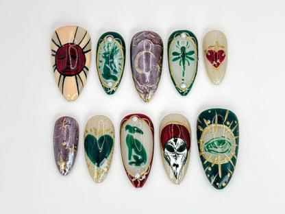 Mystic Gothic Press On Nails | Handmade Tarot-Inspired Nail  | Handcrafted Nails with Celestial Designs | Unique Mystical Nail|JB560HC