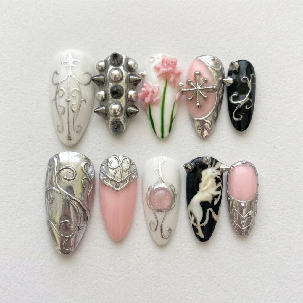 Metallic Chrome Unicorn Press On Nails | Dark Fantasy Vibe | Grunge Fairy Almond Nail | Spike & Floral Nails | Hand Painted 3D Art Nail