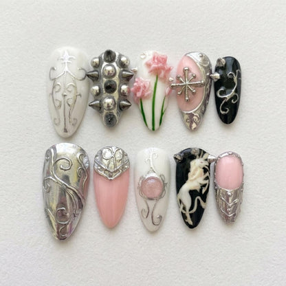 Metallic Chrome Unicorn Press On Nails | Dark Fantasy Vibe | Grunge Fairy Almond Nail | Spike & Floral Nails | Hand Painted 3D Art Nail
