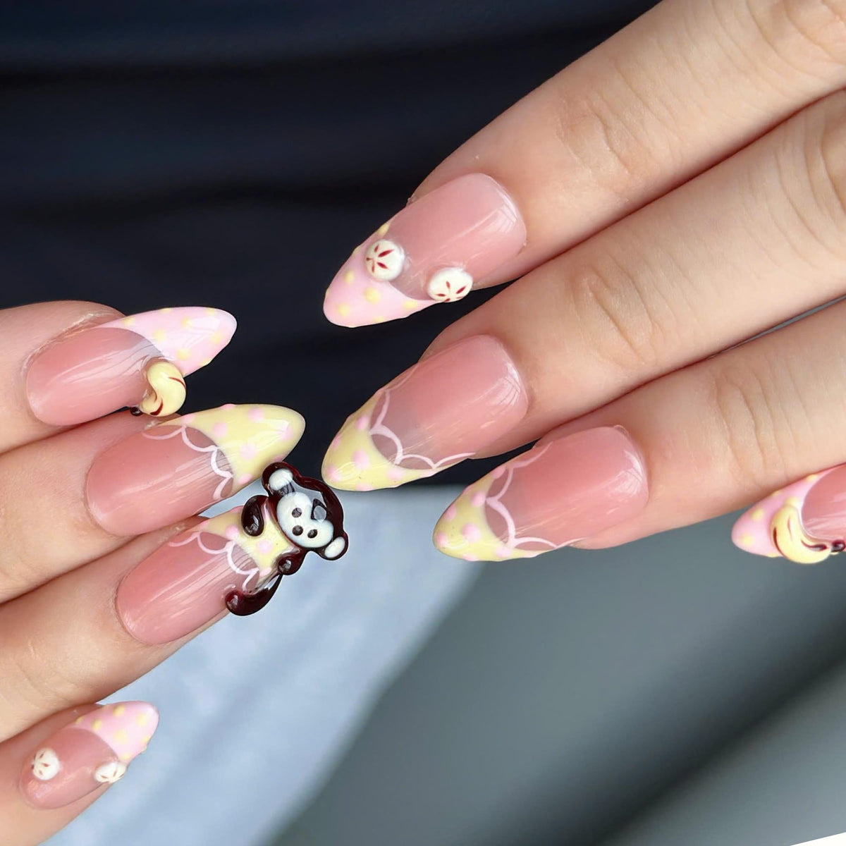 Cute Fruit Press On Nails with 3D Banana Charms | Peach Pink Fake Nails in Long Almond | Handmade Kawaii Nail Art for Summer | JC482UC