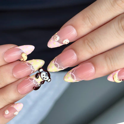 Cute Fruit Press On Nails with 3D Banana Charms | Peach Pink Fake Nails in Long Almond | Handmade Kawaii Nail Art for Summer | JC482UC