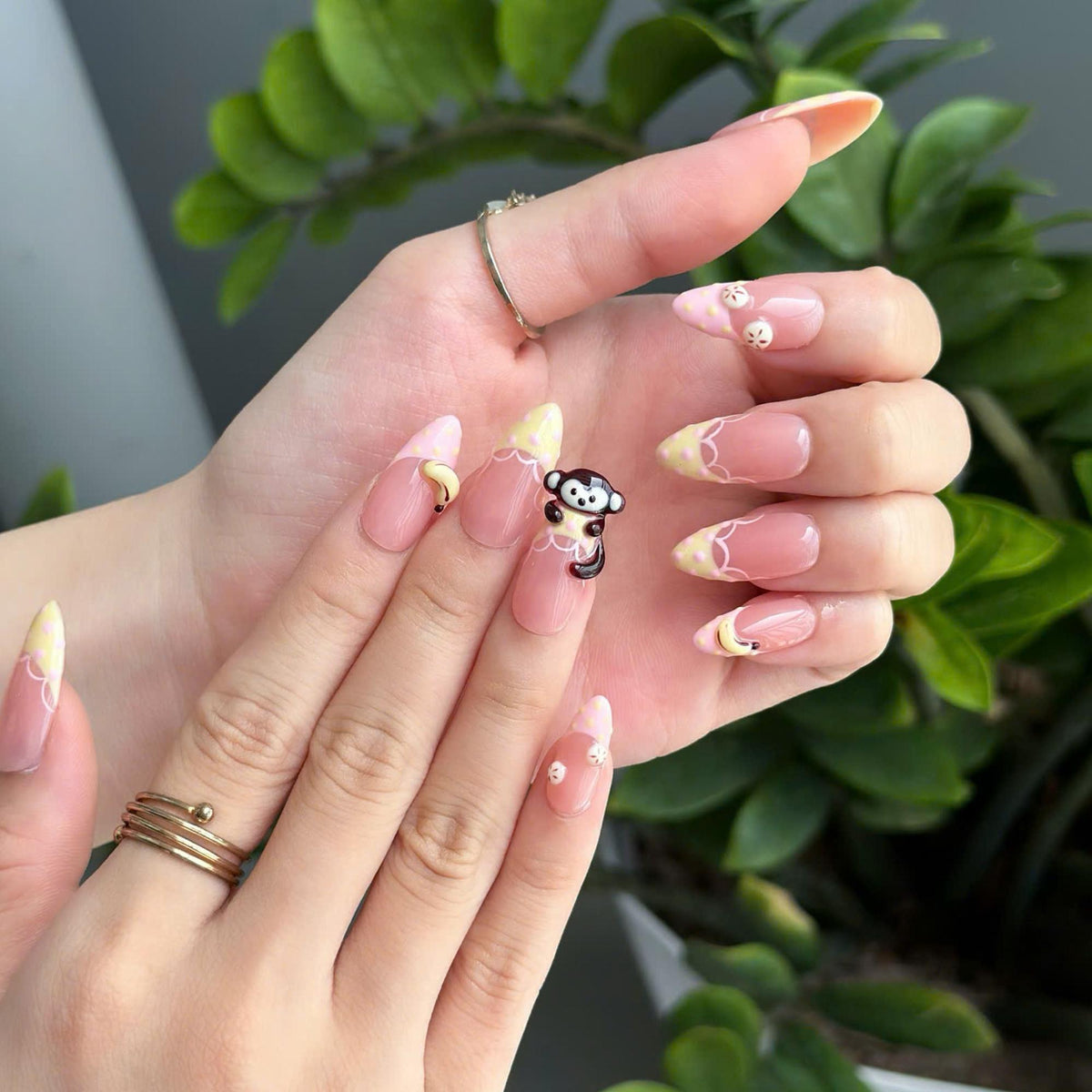 Cute Fruit Press On Nails with 3D Banana Charms | Peach Pink Fake Nails in Long Almond | Handmade Kawaii Nail Art for Summer | JC482UC