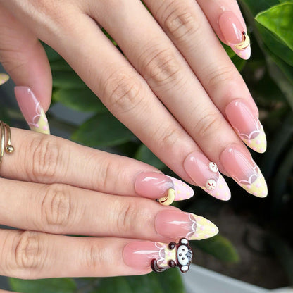 Cute Fruit Press On Nails with 3D Banana Charms | Peach Pink Fake Nails in Long Almond | Handmade Kawaii Nail Art for Summer | JC482UC