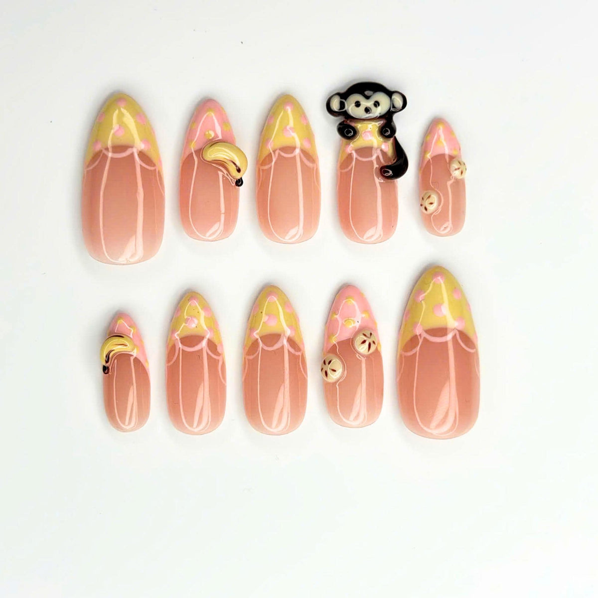 Cute Fruit Press On Nails with 3D Banana Charms | Peach Pink Fake Nails in Long Almond | Handmade Kawaii Nail Art for Summer | JC482UC