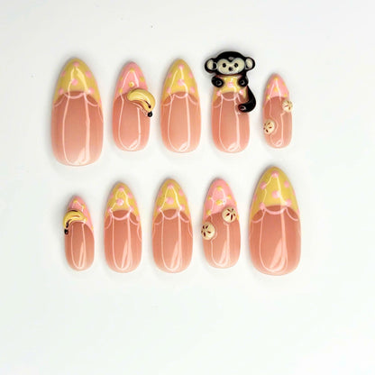 Cute Fruit Press On Nails with 3D Banana Charms | Peach Pink Fake Nails in Long Almond | Handmade Kawaii Nail Art for Summer | JC482UC