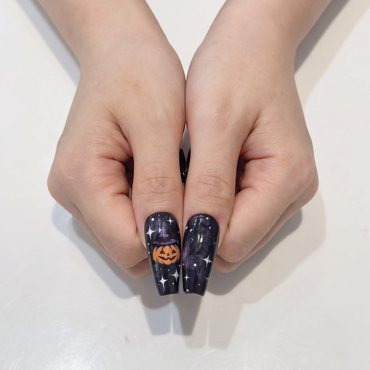 Halloween Press On Nails with Ghost & Pumpkin Design | Spooky Black White Fake Nails | Handmade Nail Art for Halloween Party | JB481UG