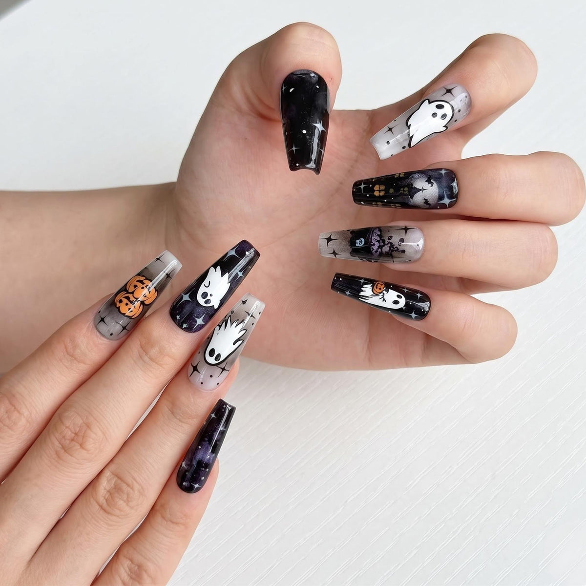 Halloween Press On Nails with Ghost & Pumpkin Design | Spooky Black White Fake Nails | Handmade Nail Art for Halloween Party | JB481UG