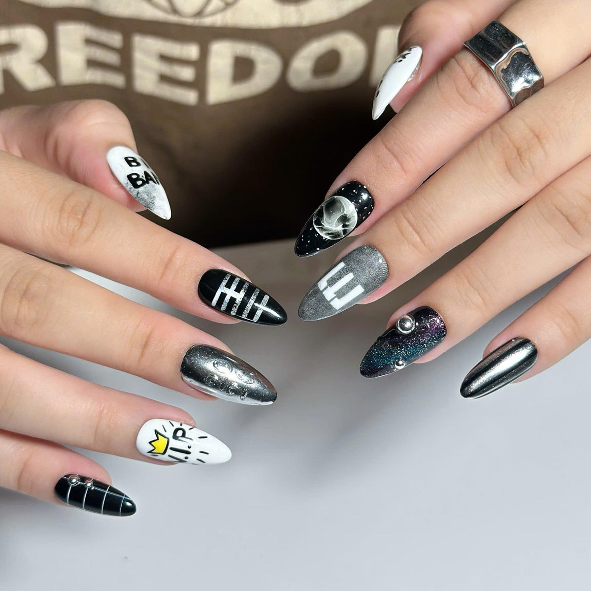 Kpop Concert Press On Nails with Silver Chrome | Black White Crown Nail Art | Korean Pop Fan Nails for Concert, Music Festival | JB503UC