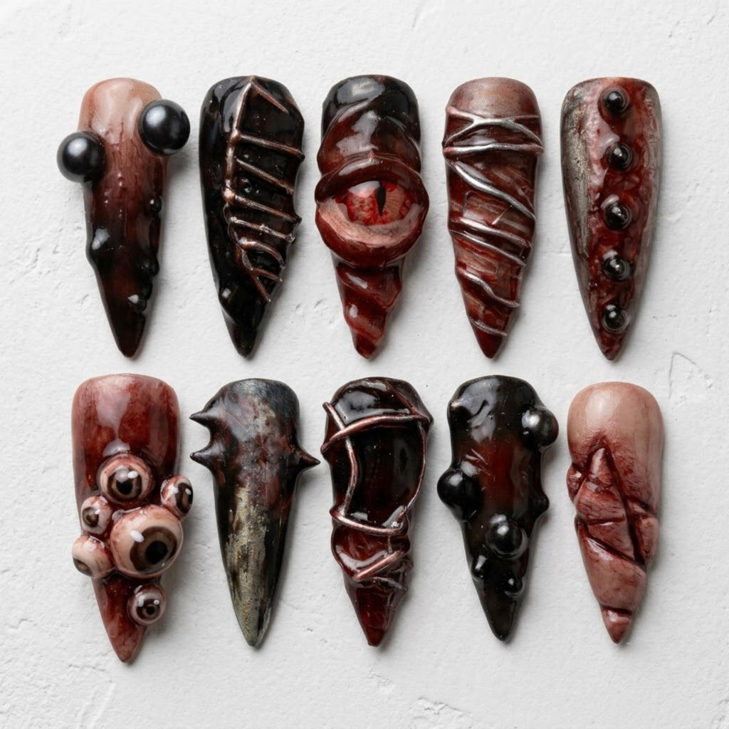 Gory Horror Press On Nails | Bloody Monster Flesh Vibes | Dark Gothic Stiletto Nails | 3D Eyeball Stitch Nail | Sculpted FX Gel Art Nail