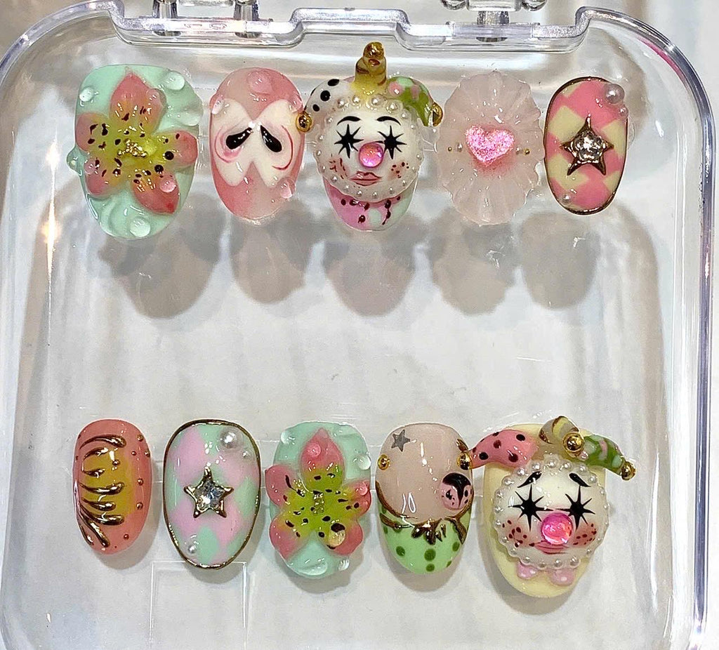 Whimsical Pastel Press-On Nails, 3D Clown Floral Charm Art (Reusable)