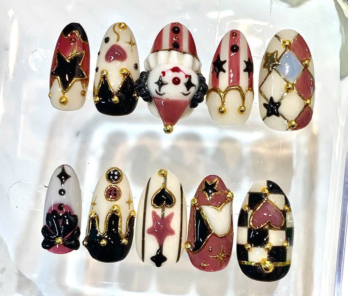 Whimsical Press-On Nails, 3D Star Heart Charm, Checker Pattern, Clown Design (Set of 10)