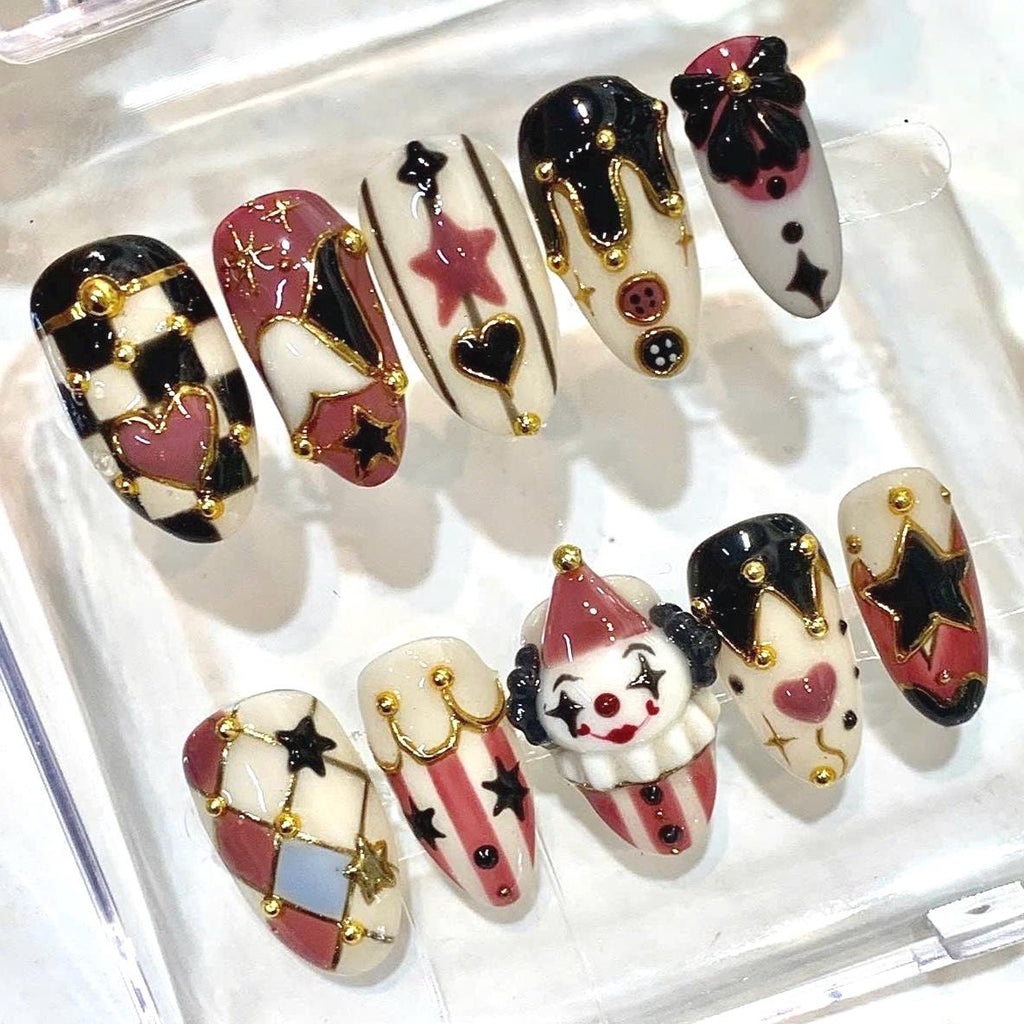 Whimsical Press-On Nails, 3D Star Heart Charm, Checker Pattern, Clown Design (Set of 10)