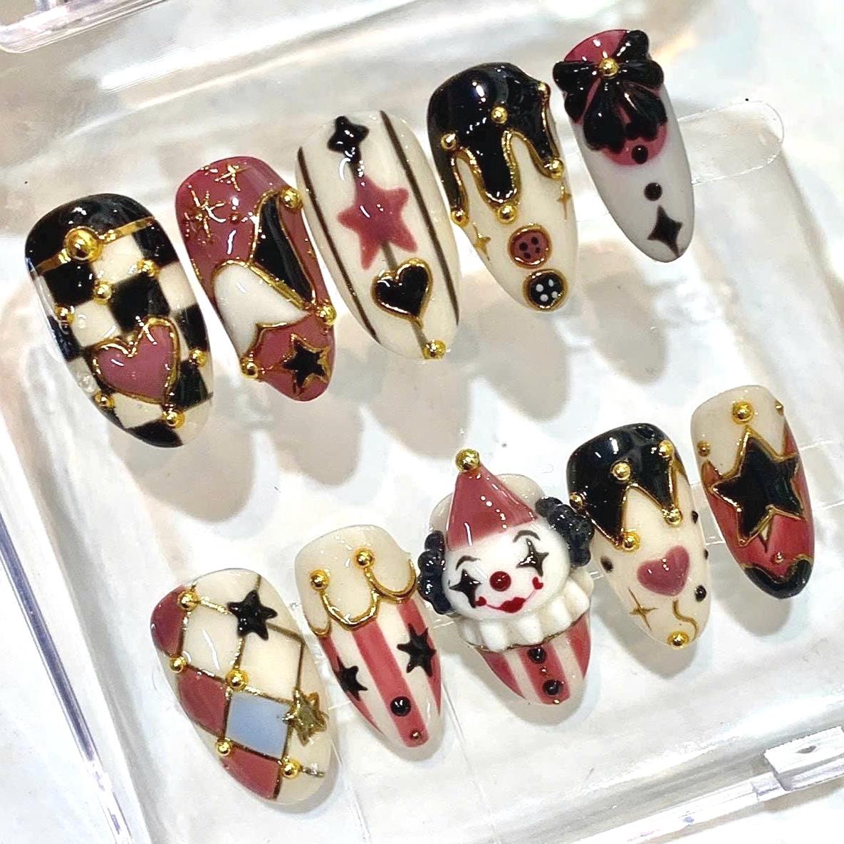 Whimsical Press-On Nails, 3D Star Heart Charm, Checker Pattern, Clown Design (Set of 10)