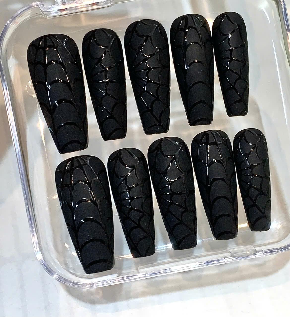 Black Spider Web Press On Nails: Gothic Stiletto Halloween Nail Art