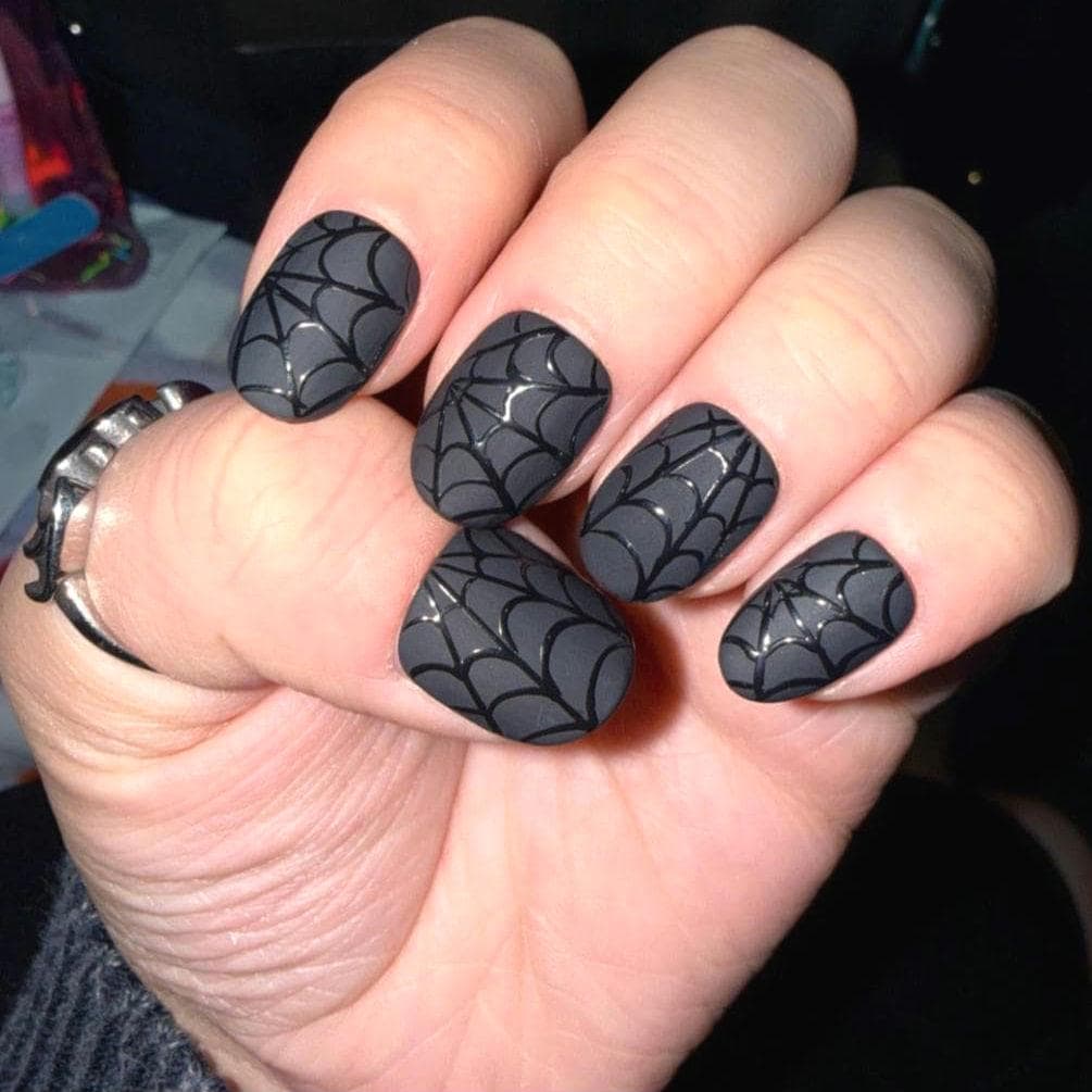 Black Spider Web Press On Nails: Gothic Stiletto Halloween Nail Art