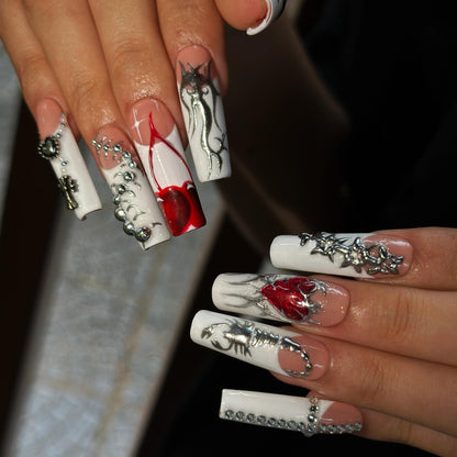 Gothic Press On Nails with Silver Chrome Cross , Red Heart 3D Nail Art , Handmade Long Square Nails for Y2K Grunge Style | JB504WI