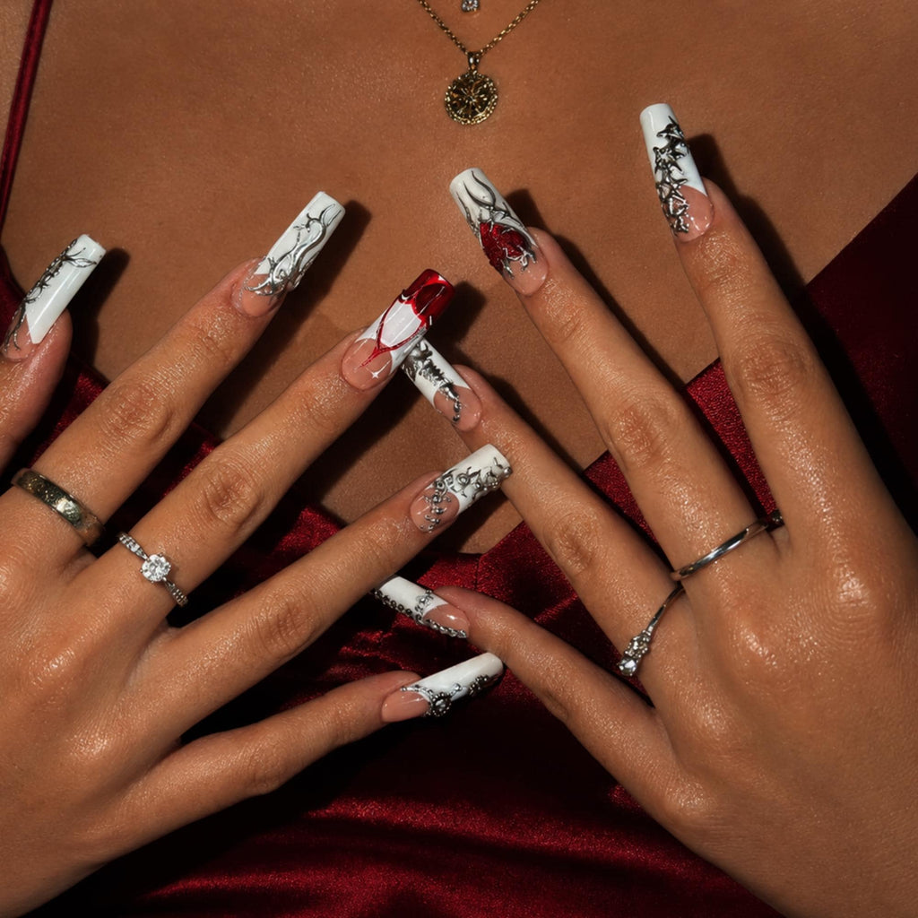 Gothic Press On Nails with Silver Chrome Cross , Red Heart 3D Nail Art , Handmade Long Square Nails for Y2K Grunge Style | JB504WI