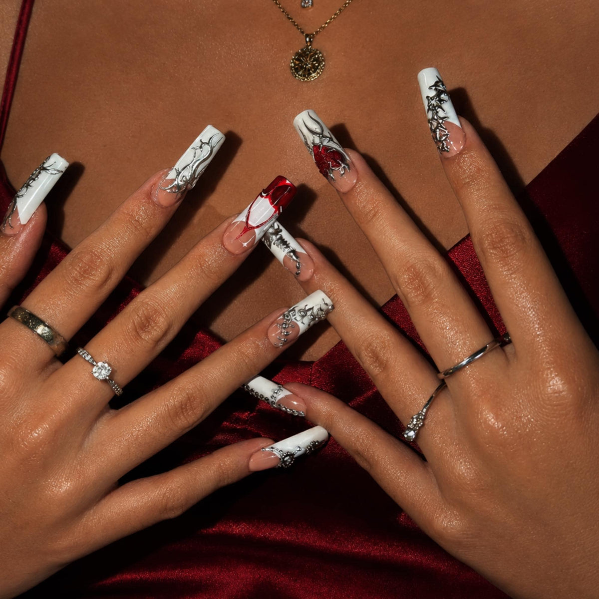 Gothic Press On Nails with Silver Chrome Cross , Red Heart 3D Nail Art , Handmade Long Square Nails for Y2K Grunge Style | JB504WI