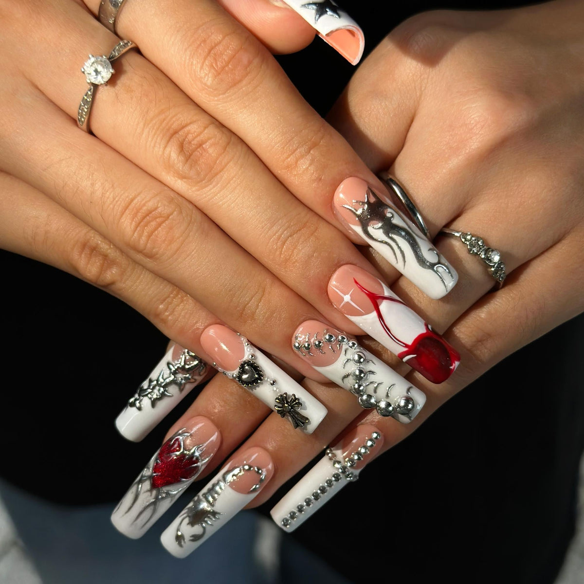 Gothic Press On Nails with Silver Chrome Cross , Red Heart 3D Nail Art , Handmade Long Square Nails for Y2K Grunge Style | JB504WI
