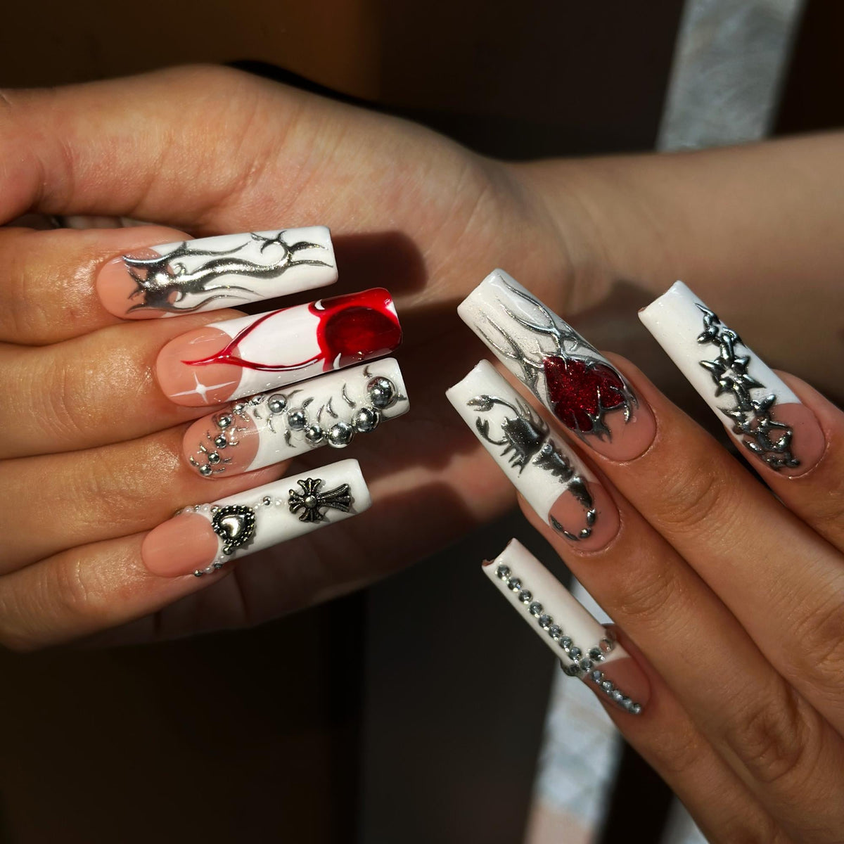 Gothic Press On Nails with Silver Chrome Cross , Red Heart 3D Nail Art , Handmade Long Square Nails for Y2K Grunge Style | JB504WI