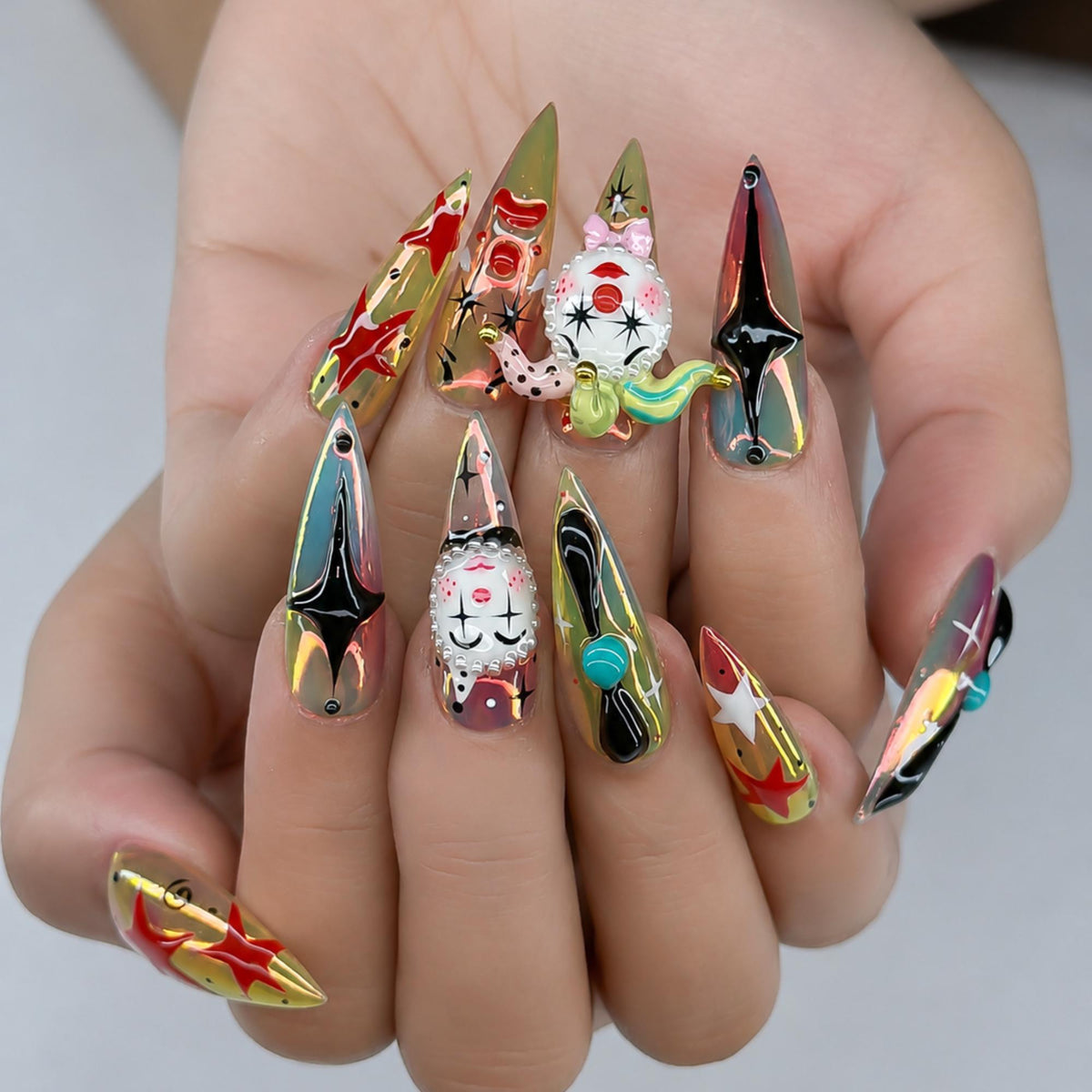 Creepy Clown Press On Nails, 3D Chrome Circus Gothic Nails, Halloween Cosplay Nail Set, Harlequin Nail Art