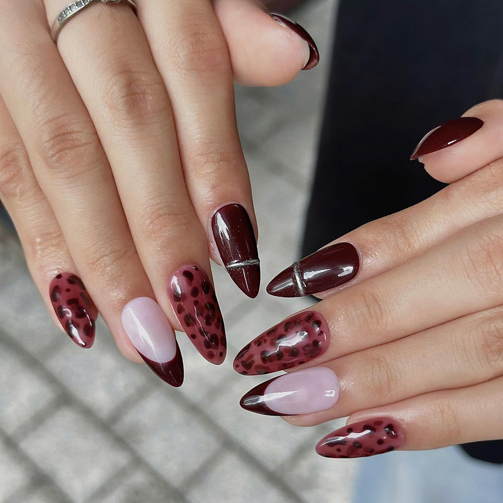 Burgundy Press On Nails with Leopard Print | Dark Red French Tip Fake Nails | Handmade Animal Print Nails for Fall, Party | JB508UC