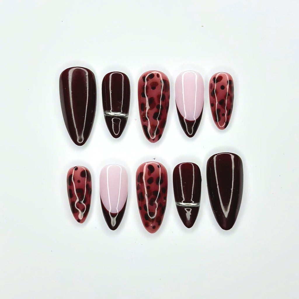 Burgundy Press On Nails with Leopard Print | Dark Red French Tip Fake Nails | Handmade Animal Print Nails for Fall, Party | JB508UC