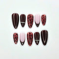 Burgundy Press On Nails with Leopard Print | Dark Red French Tip Fake Nails | Handmade Animal Print Nails for Fall, Party | JB508UC
