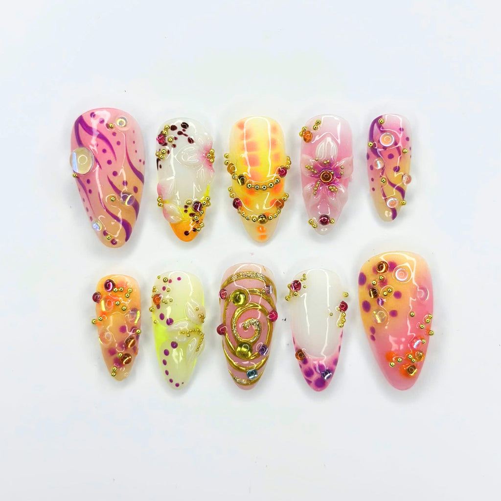 Abstract Press On Nails with 3D Gold Swirls | Aura Fake Nails with Crystal Charms | Handmade Maximalist Nail Art for Party | JB509UC