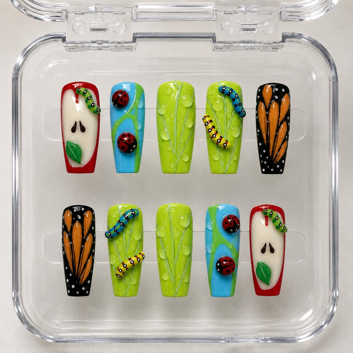 Apple Garden Press On Nails, 3D Whimsical Butterfly Nails, Cute Nature Ladybug Nail Set