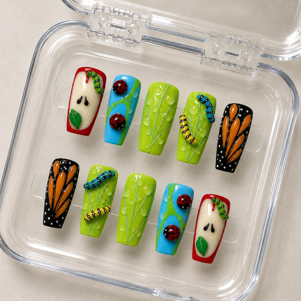 Apple Garden Press On Nails, 3D Whimsical Butterfly Nails, Cute Nature Ladybug Nail Set