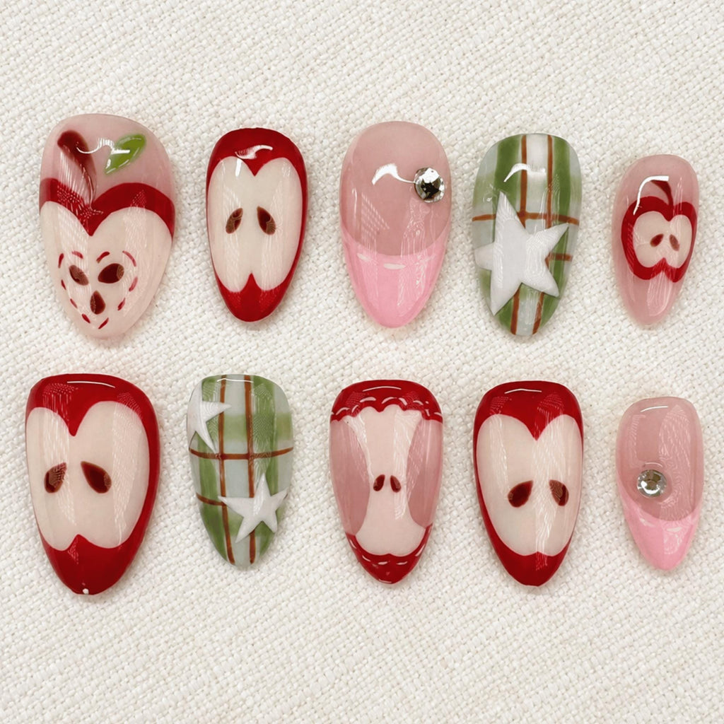 Autumn Apple Press On Nails, Kawaii Red Plaid Handmade Set, Fall Fruit Nails