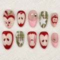 Autumn Apple Press On Nails, Kawaii Red Plaid Handmade Set, Fall Fruit Nails