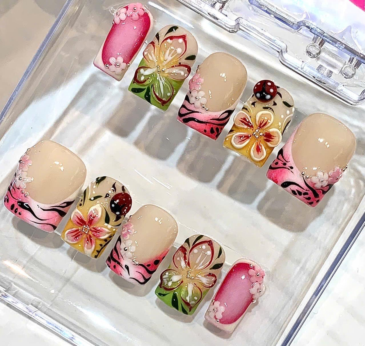 Hand-Painted Pink Floral Garden Square French Tip Nails, 3D Spring Nail Set