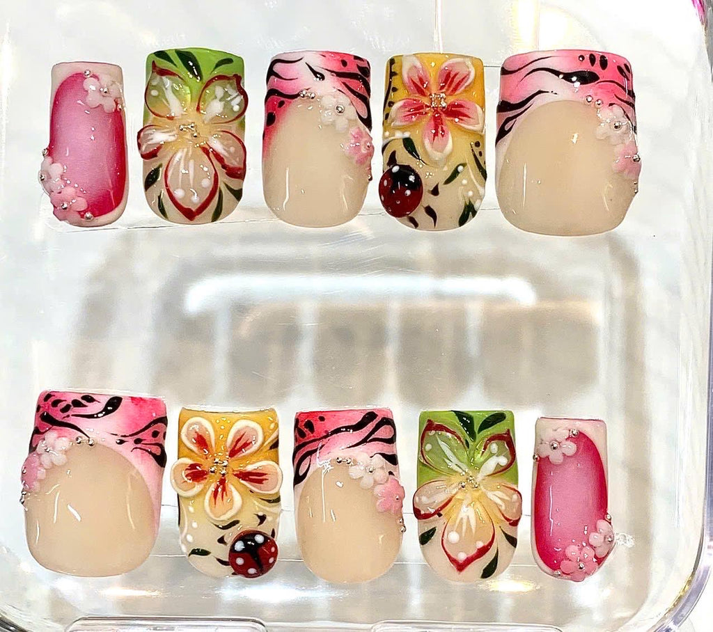 Hand-Painted Pink Floral Garden Square French Tip Nails, 3D Spring Nail Set