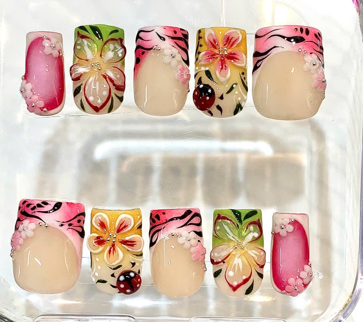 Hand-Painted Pink Floral Garden Square French Tip Nails, 3D Spring Nail Set