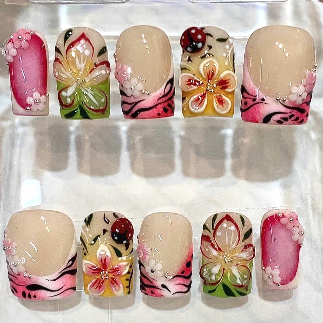 Hand-Painted Pink Floral Garden Square French Tip Nails, 3D Spring Nail Set