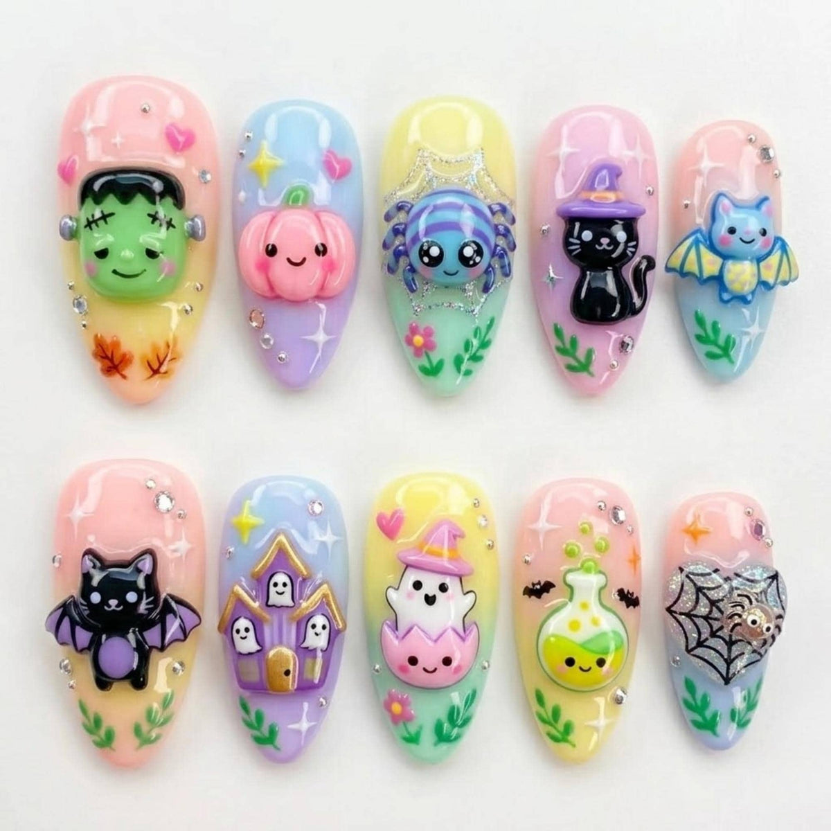 Cute Monster Press On Nails | Pastel Kawaii Trick Or Treat | Sweet Girly Almond Nail | Bat Cat Mini Daisy Nail | 3D Sculpted Gel Art Nail