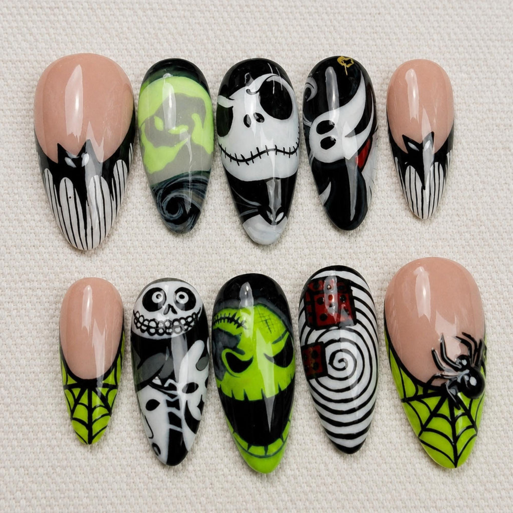 Halloween Press On Nails, Spider Web Skull Nails, Gothic Stiletto Nails