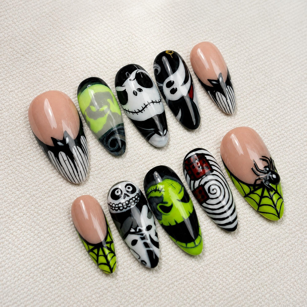 Halloween Press On Nails, Spider Web Skull Nails, Gothic Stiletto Nails