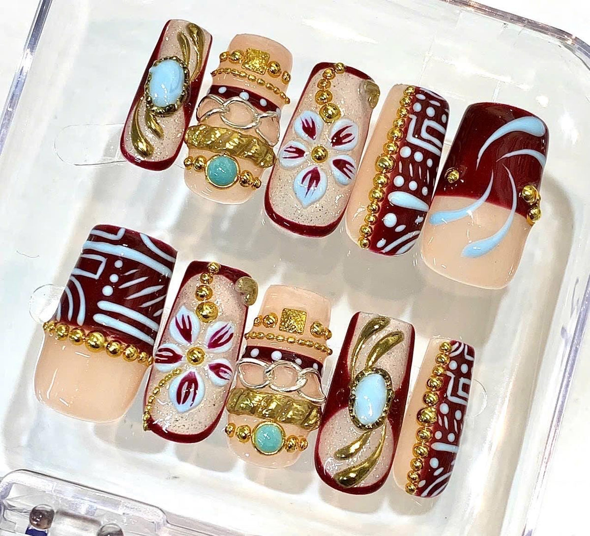 Burgundy Gold Floral Press On Nails, Turquoise Boho Folk Art Set