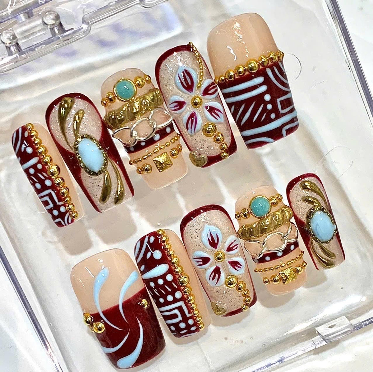 Burgundy Gold Floral Press On Nails, Turquoise Boho Folk Art Set