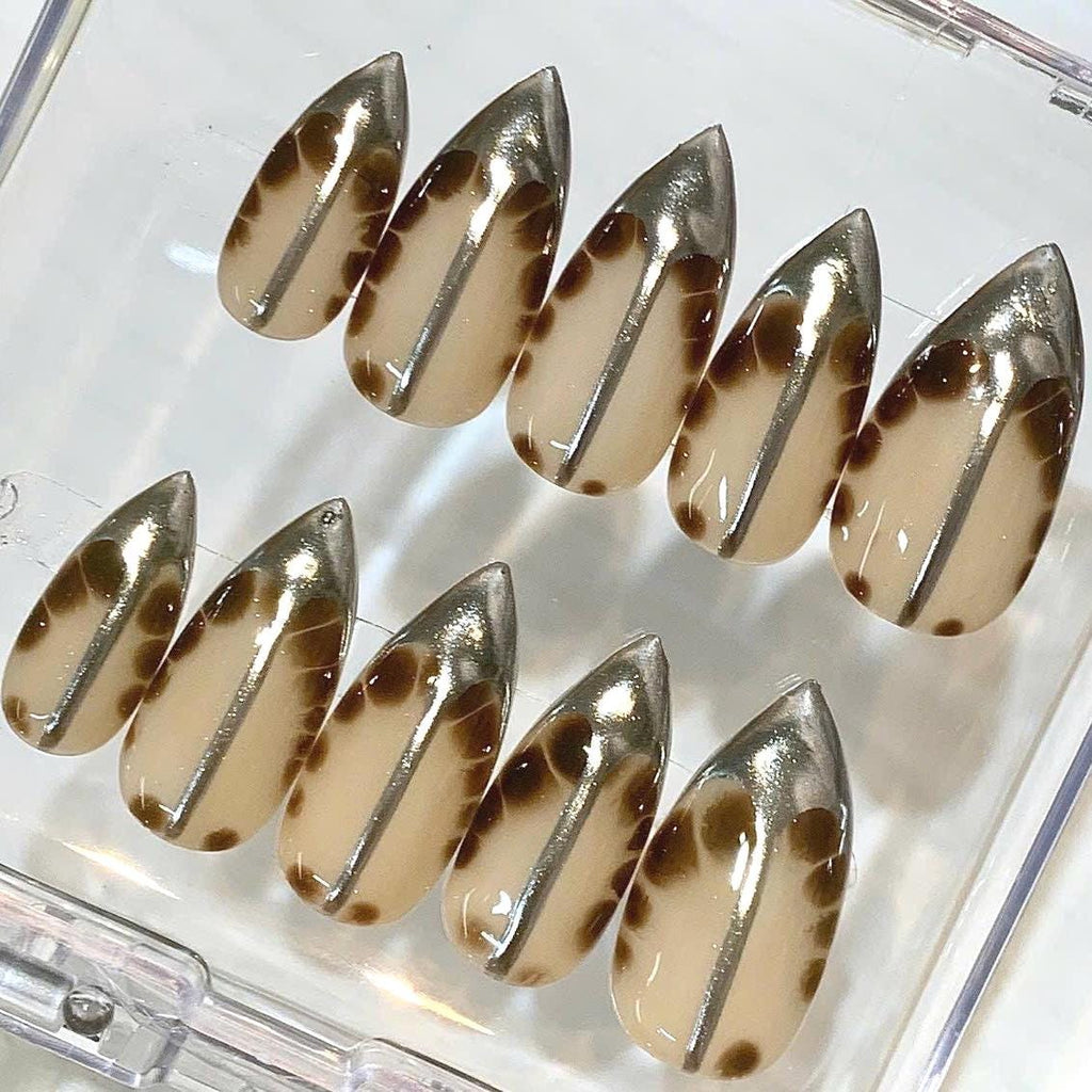 Handmade Tortoiseshell Stiletto Press On Nails, Neutral Chrome Animal Print Set