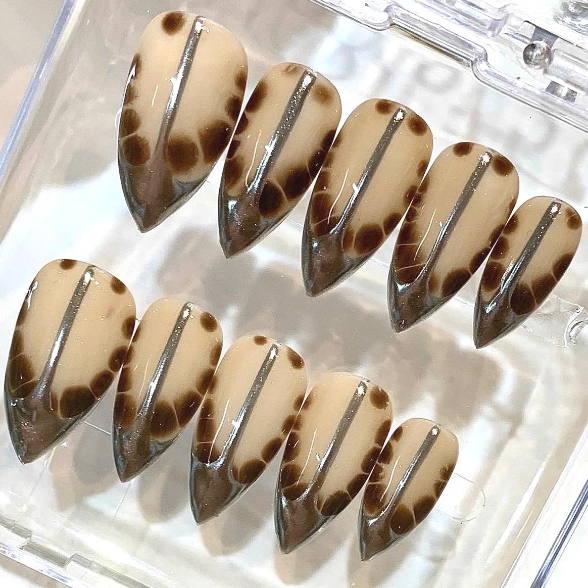 Handmade Tortoiseshell Stiletto Press On Nails, Neutral Chrome Animal Print Set