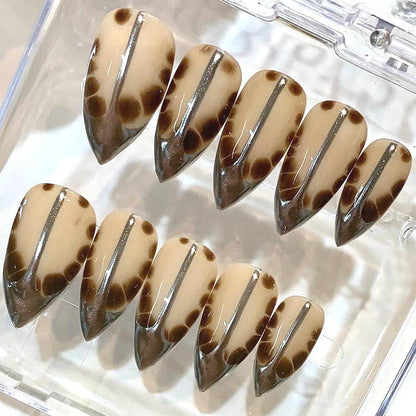 Handmade Tortoiseshell Stiletto Press On Nails, Neutral Chrome Animal Print Set