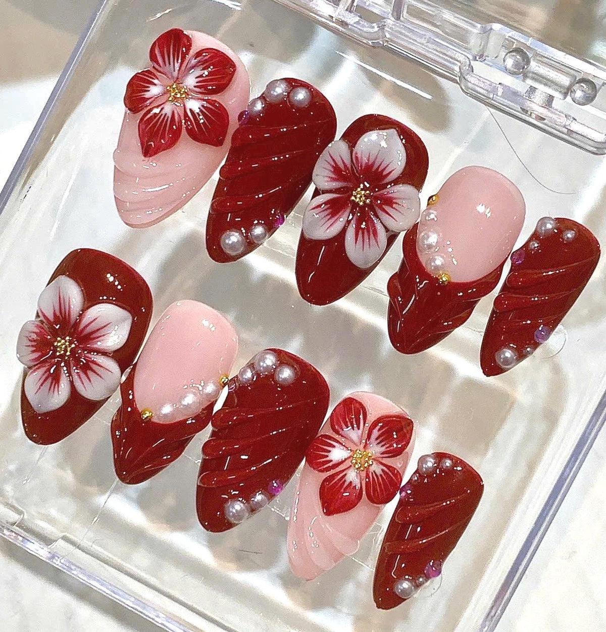 Red Floral Press On Nails, Burgundy Pearl 3D Flower Set, Romantic Valentine Luxury Nails