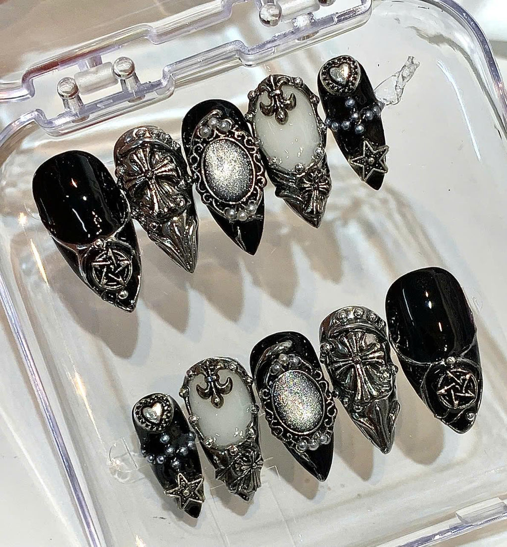 Gothic 3D Cross Press On Nails: Dark Chrome Star Nail Art