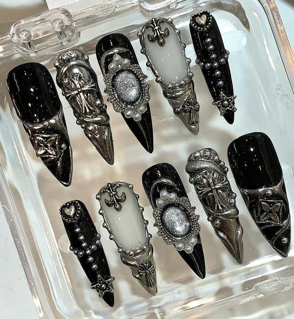 Gothic 3D Cross Press On Nails: Dark Chrome Star Nail Art